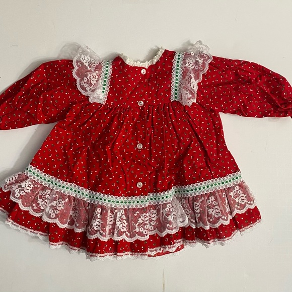 VTG 1980s Bryan Baby Girl 6-9MRed Calico Christmas Dress Lace Green Ribbon Prair - Picture 10 of 15